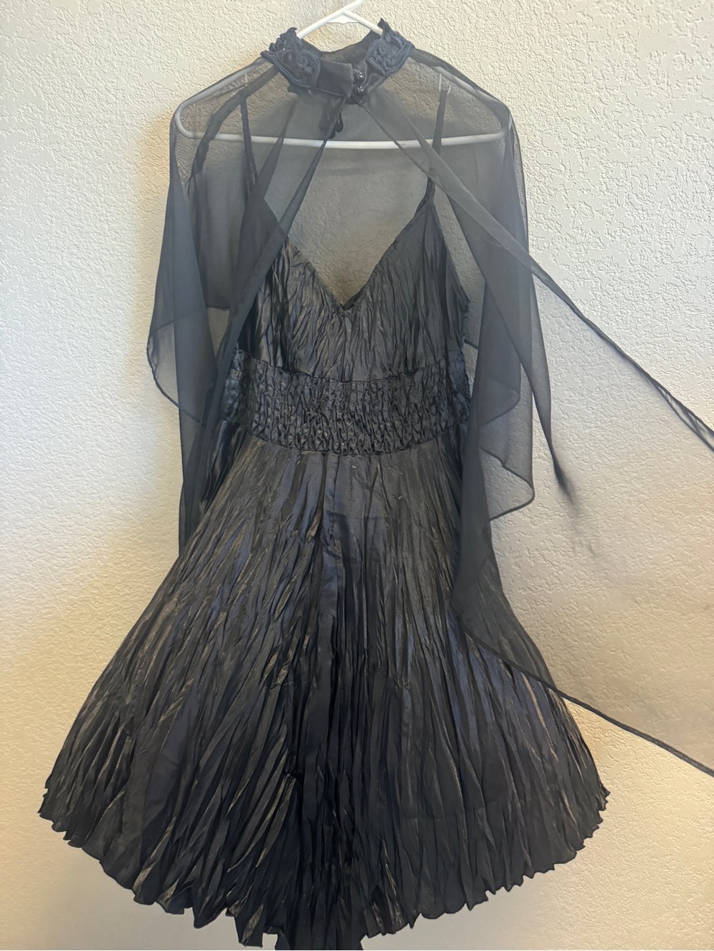 Black Pleated V-Neck Evening Dress with Sheer Cape